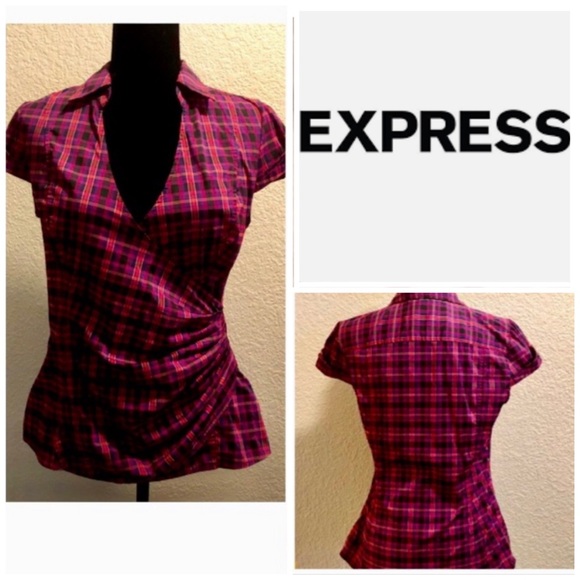 Express Tops - EXPRESS V~NECK PLAID STRETCH BLOUSE
